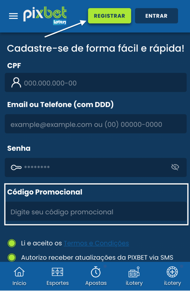 Codigo promocional do Pixbet: guia passo a passo